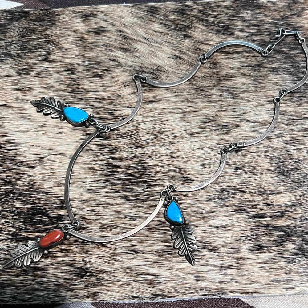 Turquoise and Coral Feather Necklace